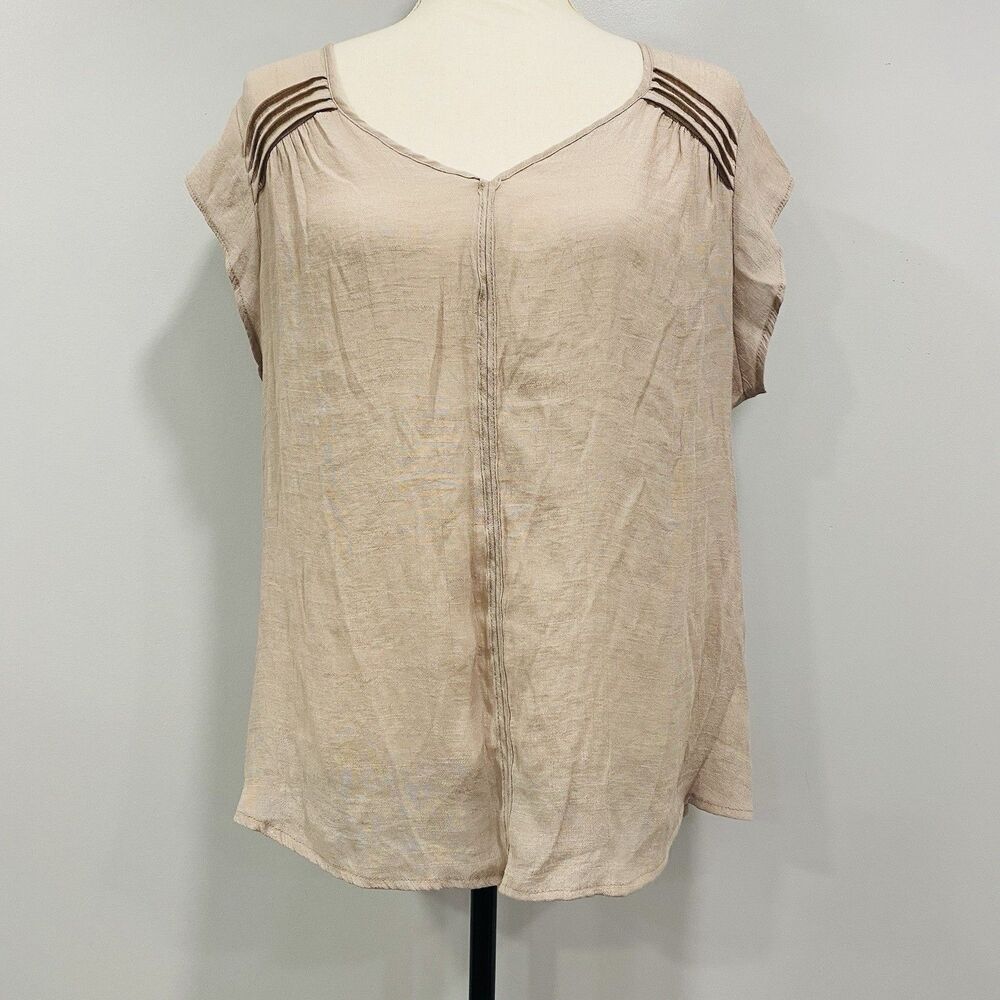 WOMEN'S XL Beige Boho Lightweight Minimalist Neutral Cap Sleeve Blouse Bohemian
